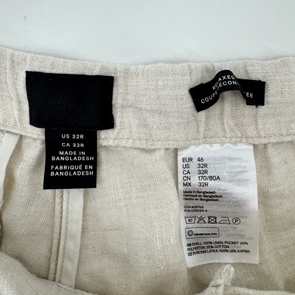 H&M Linen Relaxed Tapered Pants Women 32R Beige Drawstring High Rise Cropped‎